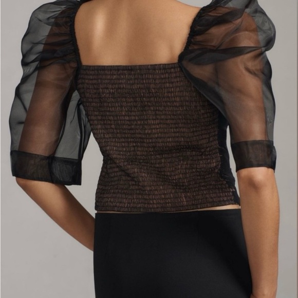 Anthropologie Sheer Puff Sleeve Ruched Black Mesh blouse Sz XL valentine days - Picture 10 of 10